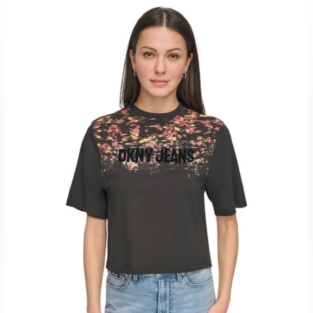 NWT DKNY Women's Japanese Flowers Short-Sleeve Y2K Printed Logo T-Shirt - L